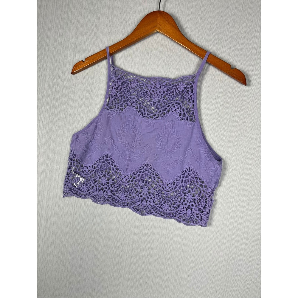 Tobi Crop Top S Purple Boho Crochet Lace Embroidered Cotton‎ Festival Strappy